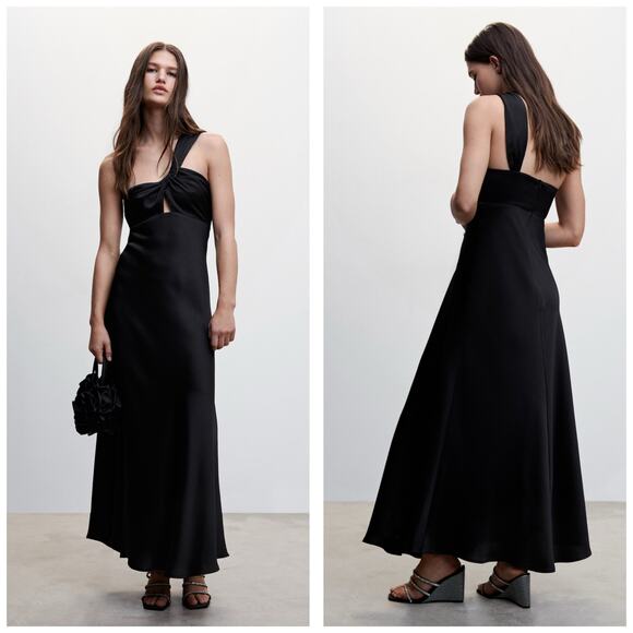 NWT Mango Leandra Asymmetrical Black Satin Maxi Dress Small One Shoulder Gown - Picture 1 of 12